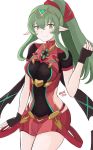  1girl armor blush breasts chiki cosplay crossover fingerless_gloves fire_emblem fire_emblem:_kakusei fire_emblem:_mystery_of_the_emblem gloves green_hair highres pyra_(xenoblade) pyra_(xenoblade)_(cosplay) jewelry kgctcg long_hair looking_at_viewer mamkute nintendo pointy_ears ponytail simple_background smile solo super_smash_bros. super_smash_bros._ultimate xenoblade_(series) xenoblade_2 