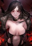  1girl absurdres bangs bare_shoulders black_dress breasts brown_hair center_opening choker cleavage collarbone commentary_request consort_yu_(fate) dress fate/grand_order fate_(series) fur_trim highres jewelry large_breasts long_hair looking_at_viewer navel neonbeat parted_lips red_eyes solo stomach strapless strapless_dress 