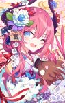  1girl ;d animal bangs blue_eyes blue_flower boar bow chinese_zodiac commentary curled_horns dragon_horns elizabeth_bathory_(fate) elizabeth_bathory_(fate)_(all) ema english_commentary eyebrows_visible_through_hair fang fate/extra fate/extra_ccc fate_(series) floral_print flower hair_between_eyes hair_flower hair_ornament happy_new_year head_tilt heart heart-shaped_pupils highres horns japanese_clothes kimono litsvn long_hair nengajou new_year one_eye_closed open_mouth pink_hair print_kimono purple_flower red_bow red_flower sidelocks smile solo striped striped_bow symbol-shaped_pupils translated upper_body white_flower year_of_the_pig 