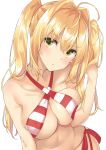  1girl :t absurdres ahoge bare_shoulders bikini blonde_hair blush breasts cleavage closed_mouth collarbone commentary_request criss-cross_halter fate/grand_order fate_(series) hair_intakes halterneck hand_in_hair head_tilt highres large_breasts long_hair looking_at_viewer navel nero_claudius_(fate)_(all) nero_claudius_(swimsuit_caster)_(fate) pout red_bikini red_ribbon ribbon shiny shiny_hair side-tie_bikini simple_background solo stomach striped striped_bikini swimsuit tetora_(yumejihuka) twintails unaligned_breasts upper_body v-shaped_eyebrows white_background yellow_eyes 