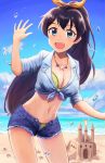  1girl :d beach bikini black_hair blue_eyes blue_shirt blue_shorts blue_sky bow breasts cleavage clouds collarbone contrapposto day dress_shirt fang ganaha_hibiki groin hair_bow happy_birthday high_ponytail highres idolmaster idolmaster_(classic) jewelry kurageso large_breasts long_hair midriff navel necklace ocean open_clothes open_mouth open_shorts orange_bow outdoors sand_castle sand_sculpture shirt short_shorts shorts sky smile solo standing star star_necklace stomach striped striped_bikini swimsuit tied_shirt very_long_hair 