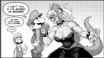  1girl 1koma 2boys arm_at_side bare_arms bare_shoulders bowsette bracelet breasts brothers cleavage collar collar_grab collarbone comic commentary crown dress earrings english_commentary english_text evil_grin evil_smile facial_hair fingernails gloves greyscale grin hand_up hat height_difference high_ponytail horns index_finger_raised jewelry large_breasts lifting_person long_hair long_sleeves looking_at_another luigi mario super_mario_bros. mcnostril monochrome multiple_boys muscle muscular_female mustache new_super_mario_bros._u_deluxe nintendo open_mouth overalls pointy_ears ponytail sharp_fingernails sharp_teeth shoes siblings sidelocks smile speech_bubble spiked_bracelet spiked_collar spiked_shell spiked_tail spikes strapless strapless_dress super_crown sweater tail teeth turtle_shell upper_body v-shaped_eyebrows 