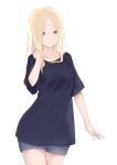  1girl abigail_williams_(fate/grand_order) alternate_costume bangs black_shirt blonde_hair blue_eyes blue_shorts blush breasts casual closed_mouth collarbone contemporary fate/grand_order fate_(series) forehead highres jilu long_hair looking_at_viewer medium_breasts older parted_bangs shirt short_sleeves shorts simple_background smile solo thighs white_background 