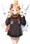  1girl abigail_williams_(fate/grand_order) absurdres alternate_hairstyle artist_request balloon bandaid_on_forehead bangs belt black_bow black_jacket blonde_hair blue_eyes blue_nails blush bow crossed_bandaids fate/grand_order fate_(series) forehead fou_(fate/grand_order) hair_bow hair_bun heroic_spirit_traveling_outfit high_collar highres jacket long_hair long_sleeves looking_at_viewer medjed nail_polish open_mouth orange_bow parted_bangs polka_dot polka_dot_bow simple_background solo stuffed_animal stuffed_toy teddy_bear thighs white_background 