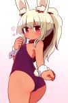  1girl animal_ear_fluff animal_ears ass bangs bare_shoulders blonde_hair blush breasts bunny_girl bunny_tail bunnysuit closed_mouth commentary_request dark_skin eyebrows_visible_through_hair gradient gradient_background hair_between_eyes hand_up heart heart-shaped_pupils high_ponytail highres leotard looking_at_viewer looking_back masurao_(sekaiju) naga_u pink_background ponytail purple_leotard rabbit_ears red_eyes sekaiju_no_meikyuu sekaiju_no_meikyuu_5 sidelocks small_breasts solo strapless strapless_leotard symbol-shaped_pupils tail white_background wrist_cuffs 
