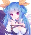  1girl asymmetrical_wings bangs bare_shoulders blue_hair breasts buttons choker cleavage dizzy guilty_gear hair_ribbon highres long_hair looking_at_viewer medium_breasts natori_eat navel red_eyes ribbon simple_background smile solo twintails upper_body white_background wings yellow_ribbon 