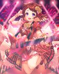  1girl :d arm_up bang_dream! bangs blush bracelet breasts dress fingernails flower full_body guitar hair_flower hair_ornament hair_ribbon highres holding instrument jewelry jumping kinty looking_at_viewer open_mouth ribbon rose shoes short_hair smile solo stage stage_lights toyama_kasumi violet_eyes wind yellow_flower yellow_rose 