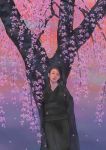  1girl cherry_blossoms funeral_kimono japanese_clothes kimono looking_at_viewer obi original sash standing tree tsuguru-ki 