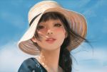  1girl black_hair blue_sky hat looking_at_viewer original outdoors picture_mosaic ponytail portrait sky smile solo straw_hat viorie 