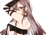  1girl arm_up armpits back bangs bare_shoulders black-framed_eyewear black_gloves breasts brown_hair commentary_request consort_yu_(fate) ear_piercing elbow_gloves fate/grand_order fate_(series) from_side glasses gloves long_hair looking_at_viewer looking_to_the_side medium_breasts nono_(011299) parted_lips piercing redhead revealing_clothes sideboob simple_background solo upper_body white_background 