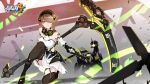  1girl armor armored_dress bangs barcode black_footwear blurry blurry_background boots breasts brown_legwear cici dress elbow_gloves full_body gloves grin hair_over_one_eye headpiece highres holding holding_scythe honkai_(series) honkai_impact_3 horns knee_boots logo looking_at_viewer mecha mechanical_gloves mole mole_under_eye official_art one_knee red_eyes rita_rossweisse scythe short_hair side_cutout sidelocks smile solo thigh-highs tube wind 