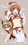  2girls all_fours alternate_costume animal_costume antlers arm_support arm_up armpits bandage bangs bear_costume belt bikini black_belt blush boko_(girls_und_panzer) boko_(girls_und_panzer)_(cosplay) boots breasts brown_eyes brown_hair capelet carrying_over_shoulder christmas cleavage closed_mouth commentary_request cosplay crop_top english_text eyebrows_visible_through_hair eyepatch frown full_body fur_trim girls_und_panzer gloves grey_background groin hat inu_(aerodog) kneeling leaning_back light_brown_hair long_hair long_sleeves looking_at_viewer medium_breasts multiple_girls navel nishizumi_miho open_mouth oversized_object red_bikini red_capelet red_footwear red_garter_belt red_gloves red_hat reindeer_antlers reindeer_costume santa_hat shimada_arisu short_hair simple_background skindentation smile swimsuit thigh-highs underwear underwear_only white_legwear 