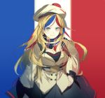  1girl bangs beret black_skirt blonde_hair blue_hair commandant_teste_(kantai_collection) cowboy_shot double-breasted flag_background french_flag hat highres kantai_collection kleinlight long_hair multicolored multicolored_clothes multicolored_hair multicolored_scarf plaid plaid_scarf pleated_skirt pom_pom_(clothes) redhead scarf skirt solo streaked_hair swept_bangs wavy_hair white_hair 