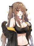  /\/\/\ 1girl :3 black_bra black_gloves blush bra breasts brown_hair cleavage eyebrows_visible_through_hair fang fingerless_gloves girls_frontline gloves hair_ornament hair_ribbon hairclip jacket large_breasts long_hair mid_(gameshe) midriff navel off_shoulder open_clothes open_jacket red_eyes ribbon scar scar_across_eye simple_background solo sports_bra twintails ump9_(girls_frontline) underwear white_background 