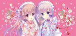  2girls :d :o apron bangs blue_bow blue_kimono blush bow brown_hair commentary_request diagonal_stripes double_bun eyebrows_visible_through_hair fang floral_print flower food fruit hair_between_eyes hair_bow japanese_clothes kimono long_hair long_sleeves multiple_girls open_mouth original pink_background pink_kimono print_kimono red_bow red_eyes side_bun sleeves_past_fingers sleeves_past_wrists smile strawberry strawberry_blossoms striped striped_bow sumii upper_body very_long_hair violet_eyes white_apron white_flower wide_sleeves 