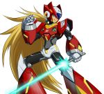  1boy android blonde_hair blue_eyes capcom energy_blade energy_sword helmet highres holding holding_weapon lightsaber long_hair male_focus ponytail rockman rockman_x simple_background smile solo standing sword user_fuyz3388 very_long_hair weapon white_background zero_(rockman) 