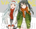  2girls anbutter_siruko bangs belt black_legwear blush breasts casual closed_mouth commentary_request dress eyebrows_visible_through_hair fur_trim green_eyes grey_hair hair_between_eyes hair_ribbon hairband headband jacket kantai_collection long_hair looking_at_viewer medium_breasts multiple_girls open_mouth ribbon scarf shoukaku_(kantai_collection) silver_hair simple_background skirt smile standing sweater sweater_dress twintails white_hair white_ribbon yellow_eyes zuikaku_(kantai_collection) 
