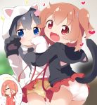  3girls :d animal_ears animal_hood ass bangs black_hair black_hoodie blood blue_eyes blurry blurry_background blush brown_hair cat_ears cat_hood cat_paws cat_tail closed_eyes closed_mouth commentary depth_of_field eyebrows_visible_through_hair fang female_pervert floating_hair flower gloves grey_hair hair_between_eyes hair_flower hair_ornament hair_over_one_eye hair_tie halo hand_up head_tilt heart highres hood hood_down hood_up hoodie hoshino_hinata hoshino_miyako_(wataten) jacket long_hair long_sleeves looking_at_viewer looking_back makuran multiple_girls nosebleed one_side_up open_mouth orange_hair panties paw_gloves paws pervert pink_flower pleated_skirt print_panties red_eyes red_jacket red_ribbon red_skirt ribbon shirosaki_hana shirt side_ponytail skirt skirt_lift smile tail tail_raised track_jacket underwear very_long_hair watashi_ni_tenshi_ga_maiorita! wavy_mouth white_hoodie white_panties white_shirt yellow_panties 