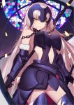  1girl armor bare_shoulders black_gloves breasts chains elbow_gloves eyebrows_visible_through_hair fate/grand_order fate_(series) flag fur_trim gauntlets gloves greaves grin helmet highres jeanne_d&#039;arc_(alter)_(fate) jeanne_d&#039;arc_(fate)_(all) langya_beike long_hair looking_at_viewer navel sheath sheathed silver_hair smile solo stained_glass sword thigh-highs very_long_hair weapon yellow_eyes 