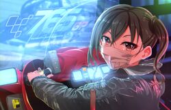  1girl arcade brown_eyes brown_hair commentary_request hair_between_eyes highres idolmaster idolmaster_cinderella_girls jacket kirewisha long_hair looking_at_viewer looking_back mole mole_under_eye playing_games screen_light solo sunazuka_akira surgical_mask twintails video_game 