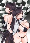  2girls absurdres animal_ears atago_(azur_lane) azur_lane bangs bikini black_hair black_legwear blush bow breasts brown_eyes checkered checkered_flag closed_mouth erect_nipples extra_ears eyebrows_visible_through_hair flag gloves groin hair_bow hair_flaps hair_ribbon hand_on_own_breast hand_up highres large_breasts leotard long_hair looking_at_viewer mole mole_under_eye multiple_girls navel pantyhose ponytail racequeen ribbon shrug_(clothing) sleeve_cuffs smile stomach swept_bangs swimsuit takao_(azur_lane) very_long_hair white_bow white_ribbon wrist_cuffs zui_ai_shuang_mawei 