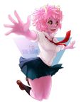  1girl absurdres artist_name ashido_mina black_sclera boku_no_hero_academia eyebrows_visible_through_hair highres horns necktie open_mouth pink_hair pink_skin pleated_skirt red_neckwear rose-92 shirt short_hair simple_background skirt smile solo white_background white_shirt yellow_eyes 