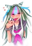  1girl black_nails blurry blush candy commentary_request dangan_ronpa dangan_ronpa_3 ear_piercing eyebrows_visible_through_hair fangs fingernails food food_in_mouth green_wristband heart highres jellicle341 jewelry licking lip_piercing lollipop long_hair mioda_ibuki multicolored_hair nail_polish necklace piercing pink_neckwear red_heart sailor_collar school_uniform shirt short_sleeves signature simple_background solo super_dangan_ronpa_2 tongue tongue_out upper_body white_background white_shirt wristband 
