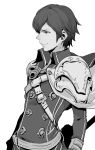  1boy armor cape fire_emblem fire_emblem:_kakusei gloves highres krom looking_away male_focus messatsu_tan monochrome nintendo short_hair simple_background smile solo white_background 