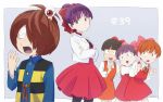  1boy 4girls bow brown_hair chanchanko_(clothes) choker commentary crossed_arms dress episode_number fang gegege_no_kitarou grey_background hair_bow hair_over_one_eye highres kitarou medama_oyaji multiple_girls multiple_persona nekomusume nekomusume_(gegege_no_kitarou_3) nekomusume_(gegege_no_kitarou_4) nekomusume_(gegege_no_kitarou_5) nekomusume_(gegege_no_kitarou_6) pink_bow pointy_ears purple_hair red_bow red_choker red_dress red_eyes redhead short_hair slit_pupils tendot thigh-highs twitter_username yawning yellow_eyes 