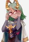  1girl adjusting_eyewear bespectacled bodysuit breastplate breasts capelet chocojax dark_skin expressionless fire_emblem fire_emblem_heroes glasses green_hair grey_background hair_between_eyes head_tilt headpiece laegjarn_(fire_emblem_heroes) large_breasts looking_at_viewer multicolored_hair nintendo orange_hair red-framed_eyewear red_eyes short_hair simple_background solo streaked_hair two-tone_hair upper_body white_capelet 