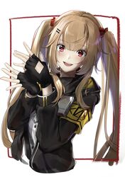  1girl armband bangs black_jacket bow eyebrows_visible_through_hair fingerless_gloves girls_frontline gloves hair_between_eyes hair_ornament hairclip hands_up highres hood hood_down hooded_jacket jacket light_brown_hair long_hair looking_at_viewer open_clothes open_jacket open_mouth pirapirapirapira red_bow red_eyes red_ribbon ribbon scar scar_across_eye twintails ump9_(girls_frontline) 