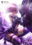  1girl armor armored_dress bangs bare_shoulders boots breasts closed_mouth commentary elbow_gloves english_commentary fate/grand_order fate_(series) faulds gloves hair_over_one_eye high_heel_boots high_heels holding_shield large_breasts lavender_hair looking_at_viewer mash_kyrielight navel navel_cutout purple_footwear purple_hair rachta_lin shield short_hair smile squatting thigh-highs thigh_strap thighs violet_eyes 