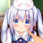  1girl angora_rabbit animal animal_on_head bangs blue_bow blue_eyes blue_hair blue_vest blurry blurry_background blush bow collared_shirt commentary_request depth_of_field eyebrows_visible_through_hair gochuumon_wa_usagi_desu_ka? hair_between_eyes hair_ornament kafuu_chino long_hair looking_at_viewer male_hand on_head parted_lips pov rabbit rabbit_house_uniform rikatan shirt sidelocks tippy_(gochiusa) twintails uniform vest waitress white_shirt x_hair_ornament 