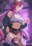  1girl alternate_costume belt belt_buckle breasts buckle cityscape coat commentary_request cowboy_shot damda fate/grand_order fate_(series) garter_straps ground_vehicle hair_between_eyes hair_intakes halter_top halterneck highleg highleg_panties jacket_on_shoulders large_breasts long_hair looking_at_viewer motor_vehicle nail_polish panties purple_background purple_hair purple_nails red_eyes scathach_(fate)_(all) scathach_(fate/grand_order) shorts torn_clothes torn_legwear underwear urban 