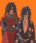  2boys armor black_hair closed_mouth cracked_skin crossed_arms crossover dororo_(tezuka) hair_over_one_eye highres hyakkimaru_(dororo) japanese_armor japanese_clothes kimono look-alike male_focus multiple_boys naruto_(series) orange_background red_eyes scabbard sheath simple_background uchiha_madara 