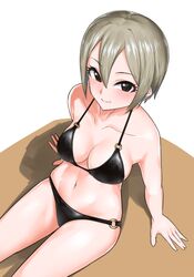  1girl arm_support bikini black_bikini black_bikini_bottom black_bikini_top blush breasts brown_background cleavage collarbone foreshortening from_above grey_eyes hair_between_eyes idolmaster idolmaster_cinderella_girls looking_at_viewer medium_breasts navel o-ring o-ring_bikini o-ring_bottom o-ring_top riking shadow shiomi_shuuko short_hair sideboob sidelocks silver_hair sitting skindentation smile solo swimsuit thighs toned two-tone_background white_background 