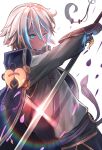  1boy bangs blue_eyes eyebrows_visible_through_hair fate/grand_order fate_(series) floating gao_changgong_(fate) gauntlets gloves hair_between_eyes highres holding holding_sword holding_weapon looking_at_viewer parted_lips pasoputi petals short_hair silver_hair simple_background solo sword tagme weapon white_background 