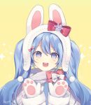  1girl :d animal_ears animal_hat bangs beanie blue_eyes blue_hair blush bow bunny_hat commentary earmuffs english_commentary eyebrows_visible_through_hair hair_between_eyes hands_up hat hatsune_miku head_tilt jacket long_hair long_sleeves mittens open_mouth rabbit_ears red_bow round_teeth silltare smile snowflakes solo sparkle teeth twintails twitter_username upper_body upper_teeth vocaloid white_hat white_jacket white_mittens yellow_background yuki_miku 