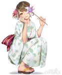  1girl bangs breasts brown_eyes brown_hair closed_mouth collarbone earrings eyebrows_visible_through_hair fingernails floral_print full_body hair_ornament highres holding japanese_clothes jewelry kimono lips logo looking_at_viewer masami_chie medium_breasts obi official_art pinwheel sandals sash shiny shiny_hair simple_background smile solo squatting toes tokyo_exe_girls toy white_background wide_sleeves 