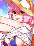  1girl animal_ear_fluff animal_ears bikini bikini_under_clothes blue_bikini breasts cleavage ears_through_headwear fate/grand_order fate_(series) fox_ears fox_tail hat ko-on_(ningen_zoo) large_breasts looking_at_viewer outdoors pink_hair shaded_face side-tie_bikini smile solo straw_hat sun_hat swimsuit tail tamamo_(fate)_(all) tamamo_no_mae_(swimsuit_lancer)_(fate) tongue tongue_out undressing yellow_eyes 