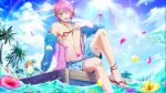  1boy ;d anklet bangs blue_eyes blue_sky bracelet clouds collarbone drink drinking_straw fabulous flip-flops flower game_cg hair_between_eyes hair_flower hair_ornament hall_(senjuushi) jacket jewelry knee_up looking_at_viewer male_focus male_swimwear navel necklace ocean official_art one_eye_closed open_clothes open_jacket open_mouth outdoors palm_tree petals pink_hair sandals senjuushi:_the_thousand_noble_musketeers side_bun sitting sky smile solo swim_trunks swimwear toned toned_male tree water wet 