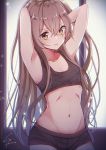  1girl adjusting_hair armpits bangs bare_shoulders breasts brown_eyes brown_hair closed_mouth collarbone commentary_request crossed_bangs eyebrows_visible_through_hair girls_frontline hair_between_eyes hand_in_hair hands_up highres kodama_(koda_mat) looking_at_viewer navel one_side_up scar scar_across_eye simple_background small_breasts smile solo sports_bra sportswear ump45_(girls_frontline) 