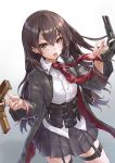  1girl bangs black_hair brown_eyes collared_shirt commentary_request eyebrows_visible_through_hair girls_frontline gun hair_between_eyes handgun highres holding jacket long_hair long_sleeves looking_at_viewer necktie nz_75 nz_75_(girls_frontline) pistol pleated_skirt potato_tacos red_neckwear shirt simple_background skirt solo strap tongue tongue_out weapon white_shirt 