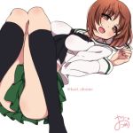  1girl bangs black_legwear black_neckwear blouse brown_eyes brown_hair commentary_request dutch_angle eyebrows_visible_through_hair girls_und_panzer green_skirt half-closed_eyes kari_okome kneehighs legs long_sleeves looking_at_viewer lying miniskirt neckerchief nishizumi_miho on_back ooarai_school_uniform open_mouth pleated_skirt school_uniform serafuku short_hair simple_background skindentation skirt smile solo twitter_username white_background white_blouse 