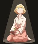  1girl bangs black_background blonde_hair collared_shirt full_body green_eyes highres holding kneeling long_sleeves looking_at_viewer mefomefo metropolis pants parted_lips pink_pants shirt short_hair solo spotlight swept_bangs white_shirt 