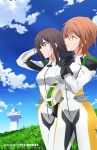  2girls black_bodysuit black_gloves blue_sky bodysuit breasts brown_eyes brown_hair clenched_hand clouds cloudy_sky commentary_request day eyebrows_visible_through_hair gloves grass green_bodysuit green_eyes hair_between_eyes hand_behind_head hand_on_own_chest helmet holding holding_helmet key_visual light_brown_hair looking_to_the_side medium_breasts medium_hair meguro_megumi miyata_yuri mole mole_under_eye multicolored multicolored_bodysuit multicolored_clothes multiple_girls official_art outdoors parted_lips pilot_helmet print_bodysuit sawairi_yuuki short_hair sky standing tongue tower twocar watermark white_bodysuit yellow_bodysuit 