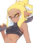  1girl bare_shoulders blonde_hair breasts closed_mouth dark_skin domino_mask earrings erect_nipples highres inkling jewelry jtveemo mask medium_hair midriff nintendo over_shoulder pointy_ears simple_background small_breasts solo splatoon splatoon_(series) splatoon_2 suction_cups tentacle_hair upper_body white_background yellow_eyes 