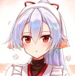  1girl ? black_undershirt blush commentary_request fate/grand_order fate_(series) hair_between_eyes head_scarf kappougi long_hair o_h_miona ponytail red_eyes silver_hair solo surprised tenugui tomoe_gozen_(fate/grand_order) turtleneck 