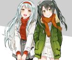  2girls anbutter_siruko bangs belt black_legwear blush breasts casual closed_mouth commentary_request dress eyebrows_visible_through_hair fur_trim green_eyes grey_hair hair_between_eyes hair_ribbon hairband headband jacket kantai_collection long_hair looking_at_viewer medium_breasts multiple_girls open_mouth ribbon scarf shoukaku_(kantai_collection) silver_hair simple_background skirt smile standing sweater sweater_dress twintails white_hair white_ribbon yellow_eyes zuikaku_(kantai_collection) 