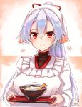  1girl black_undershirt blush bowl chopsticks commentary_request dated fate/grand_order fate_(series) food hair_between_eyes head_scarf highres holding holding_tray kappougi long_hair o_h_miona ponytail red_eyes shrimp signature silver_hair smile solo tenugui tomoe_gozen_(fate/grand_order) tray turtleneck twitter_username 